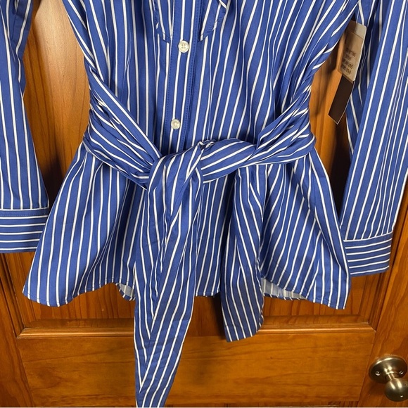 NWT Jones New York Signature Striped Ruffle Blouse with Cinching Waist Tie - Picture 4 of 8
